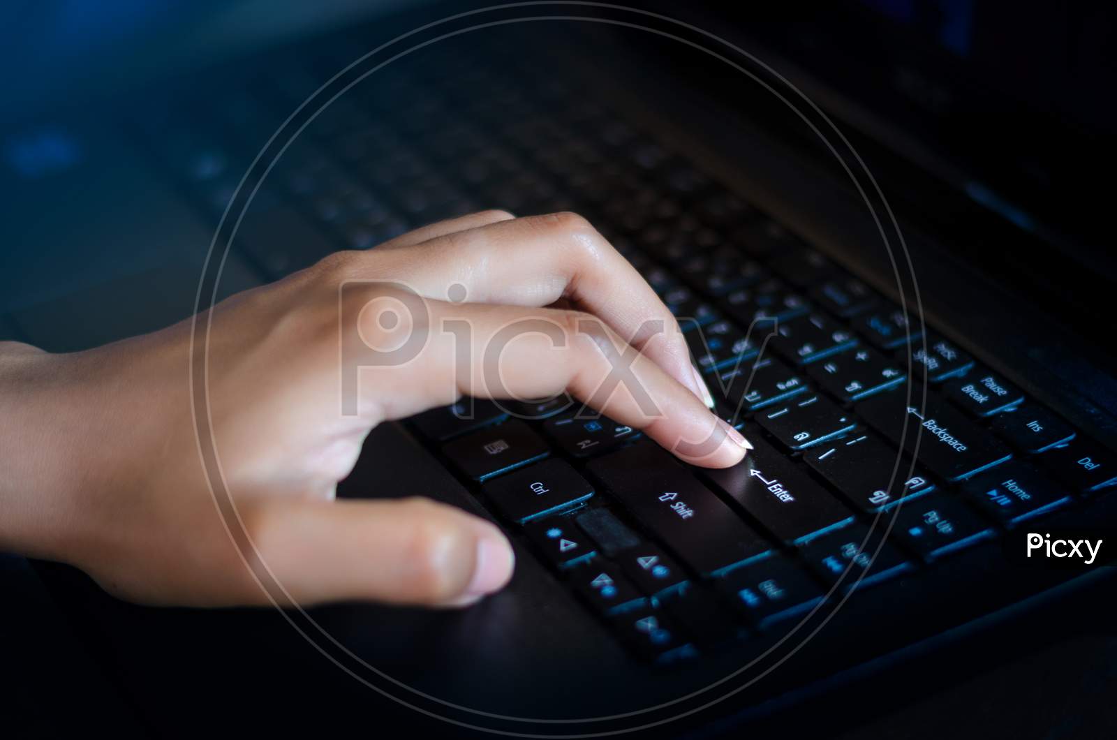 Press Enter Button On The Computer. Business Communication Network World Map Send Message Connect Worldwide Hand Keyboard