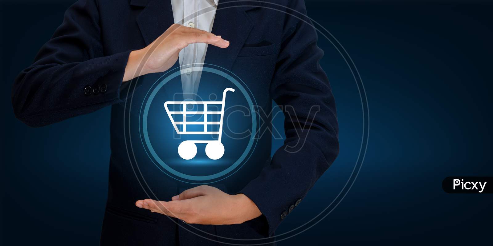 Hand Businessman Cart Shopping Technology World Digital Shopping Order Transactions On The Internet  Trading On The World Online Pay Dept. Blue Tone