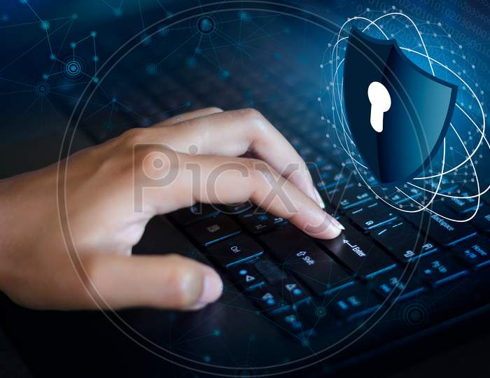 Press Enter Button On The Keyboard Computer Shield Cyber Key Lock Security System Abstract Technology World Digital Link Cyber Security On Hi Tech Dark Blue Background, Enter Password To Log In. Lock Finger Keyboard