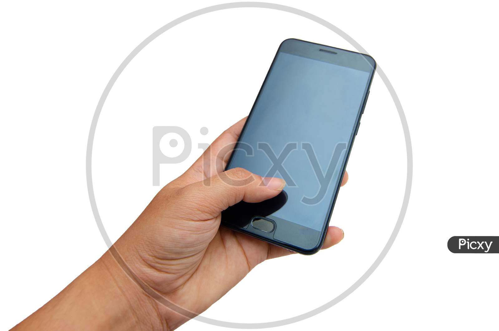 Hand Phone Isolate Hand Pressed Black Phone On A White Background Isolate