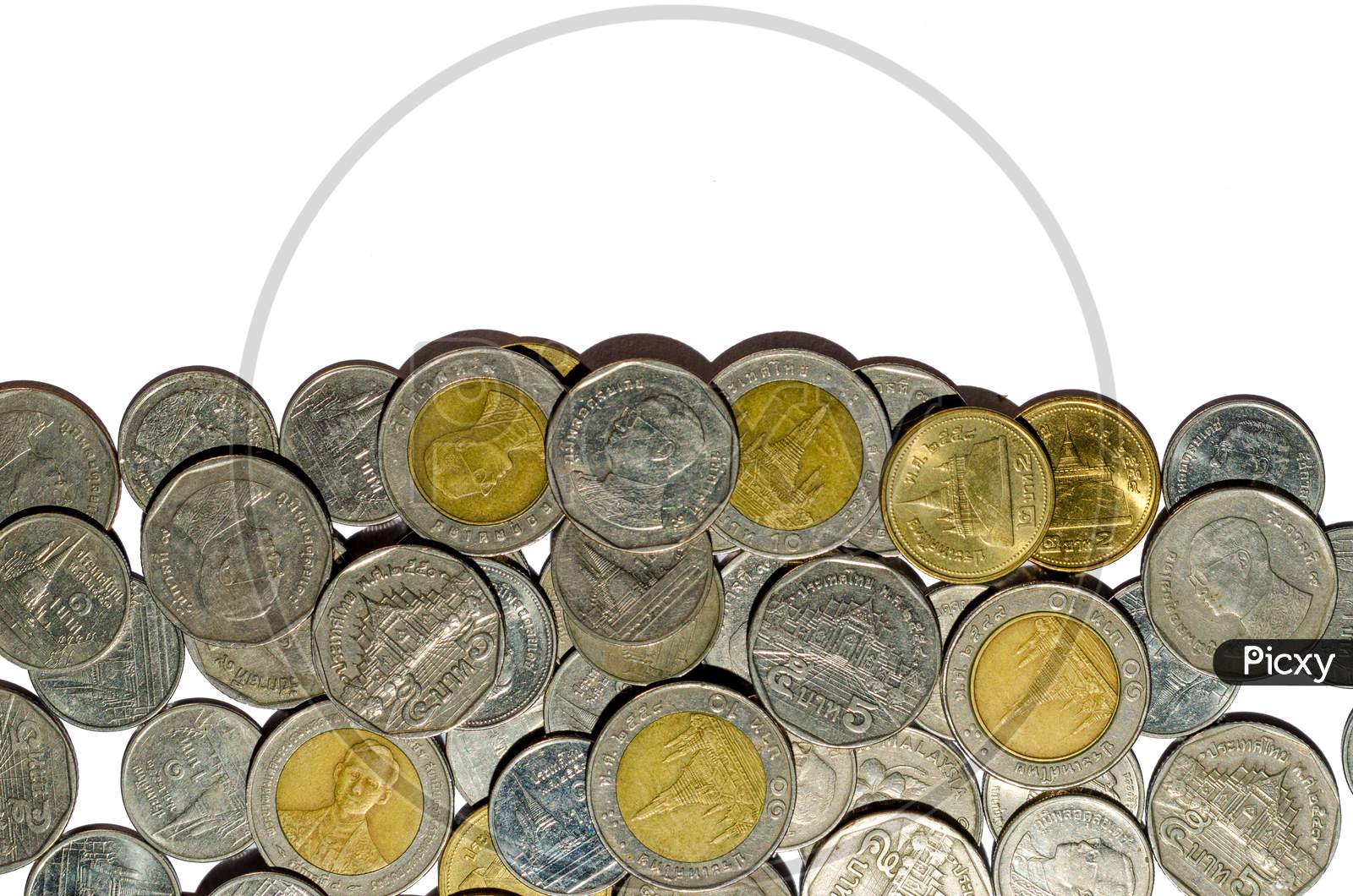 Money, Coin, Rising Silver And Gold Thai Baht Coins Charts With Reflection Isolated On White Background, Coin Stacks On A White Background