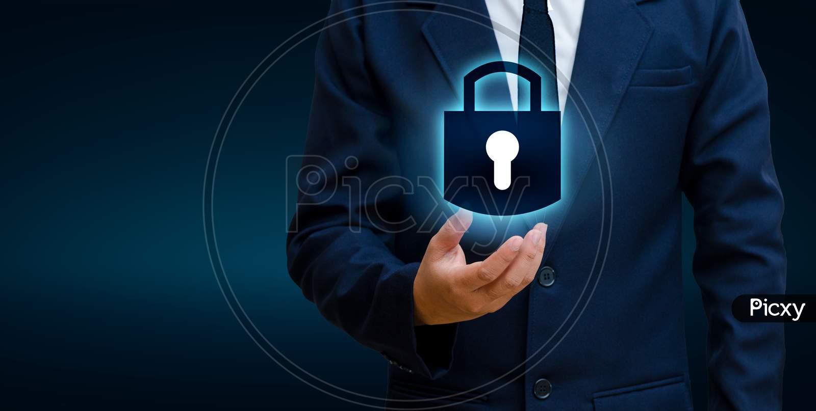 Lock In The Hands Of A Businessman Shield The Shield To Protect The Cyberspace.Space Input Data Data Security Business Internet Concept. Secure Information