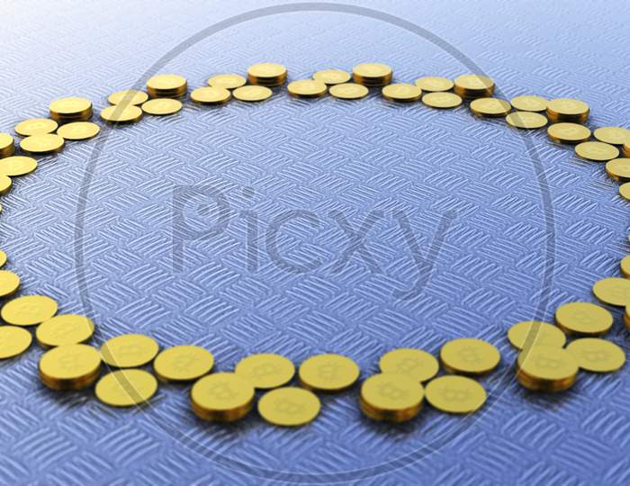 Bitcoins In Circle With Rotating Camera Movement, Crypto Currency, Btc Currency, Business And Technology Concept, 4K High Quality
