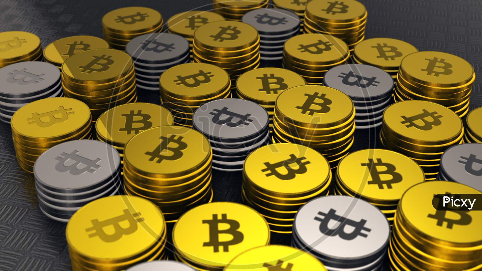 Gold And Silver Bitcoins, Crypto Currency, Closeup Shot Of Bitcoins With Nice Environmental Light Effects,Btc Currency, Business And Technology Concept, 4K High Quality .