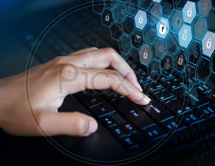 Press Enter Button On The Computer. Key Lock Security System Abstract Technology World Digital Link Cyber Security On Hi Tech Dark Blue Background, Enter Password To Log In. Lock Finger Keyboard