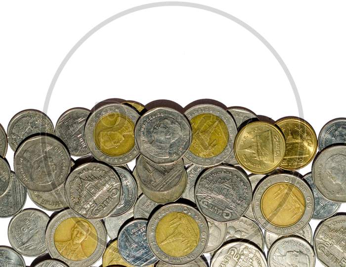 Money, Coin, Rising Silver And Gold Thai Baht Coins Charts With Reflection Isolated On White Background, Coin Stacks On A White Background