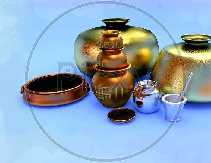 3D Illustration, utensils with worship pots.