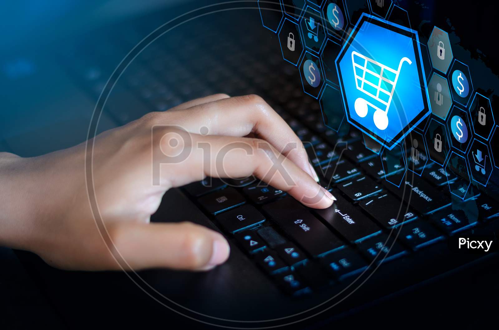 Press Enter Button On The Computer. Key Lock Security System Abstract Technology World Digital Shopping Order Transactions On The Internet