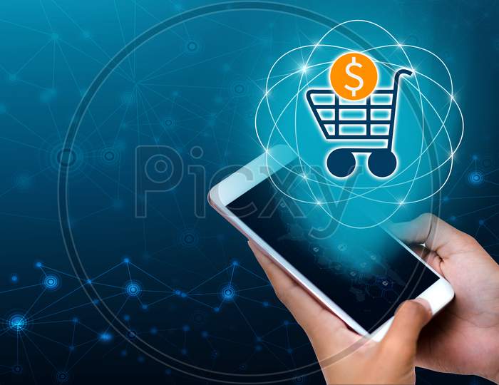 Transactio Payment Technology Making Online Mobile Phone Phone Hand Businesspeople Press The Phone To Order Or Pay In The Internet.Payment Internet Shop Makes Online Shopping