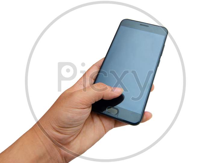 Hand Phone Isolate Hand Pressed Black Phone On A White Background Isolate