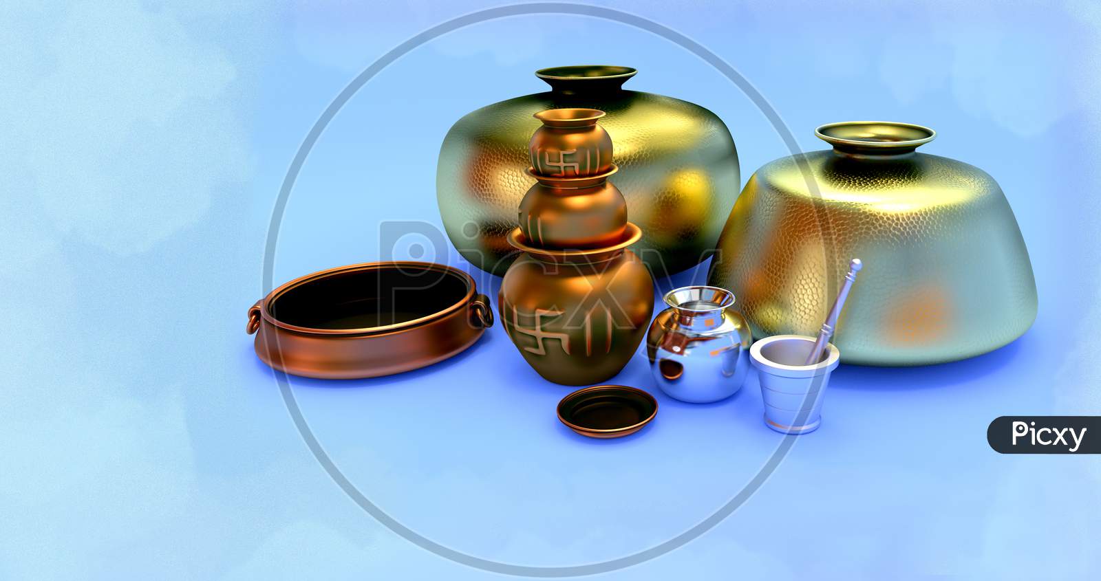 3D Illustration, utensils with worship pots.
