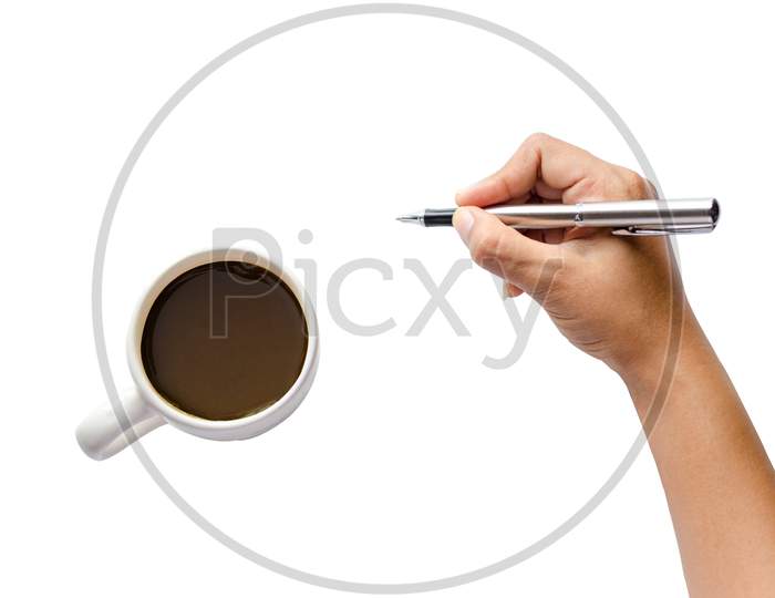 Close Up Of Women Arm Writing With Metallic Pen. Isolated On White Background Hand Holding A Pen On White Background Coffee Cup Hand