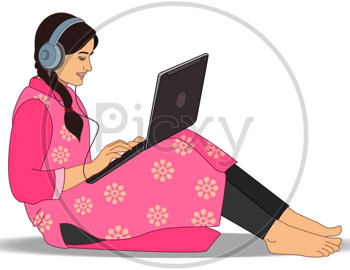 Indian college student Girl using laptop.