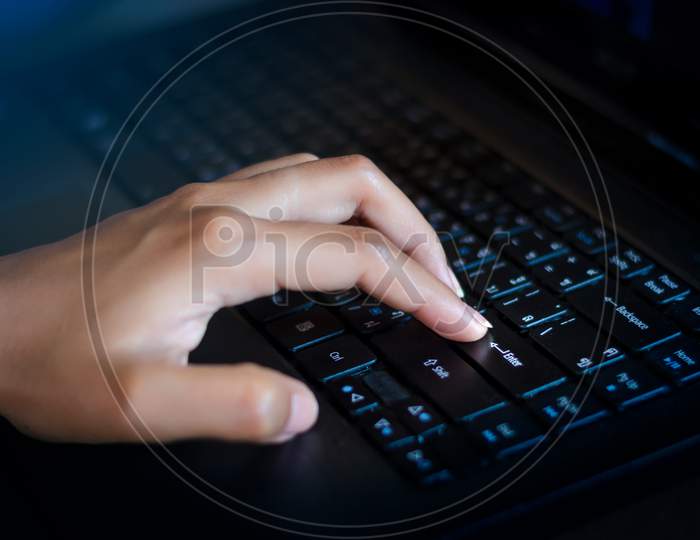 Press Enter Button On The Computer. Business Communication Network World Map Send Message Connect Worldwide Hand Keyboard