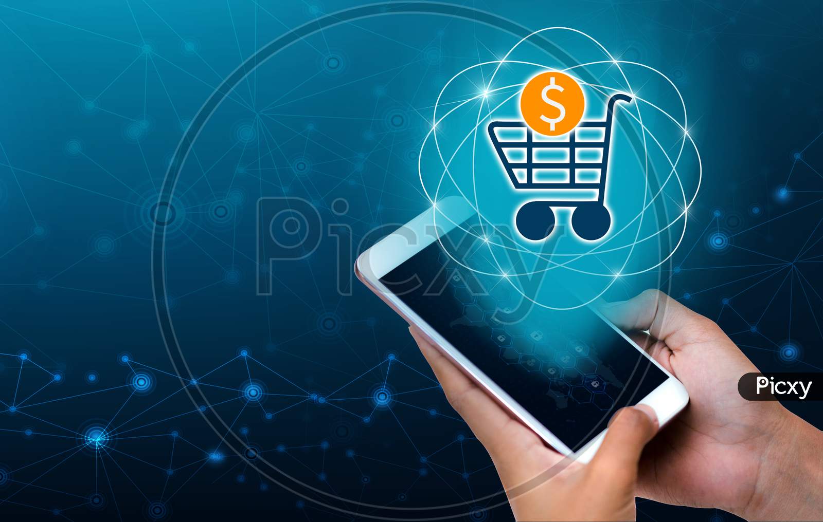 Transactio Payment Technology Making Online Mobile Phone Phone Hand Businesspeople Press The Phone To Order Or Pay In The Internet.Payment Internet Shop Makes Online Shopping