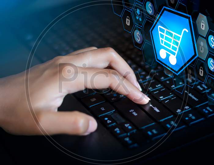 Press Enter Button On The Computer. Key Lock Security System Abstract Technology World Digital Shopping Order Transactions On The Internet