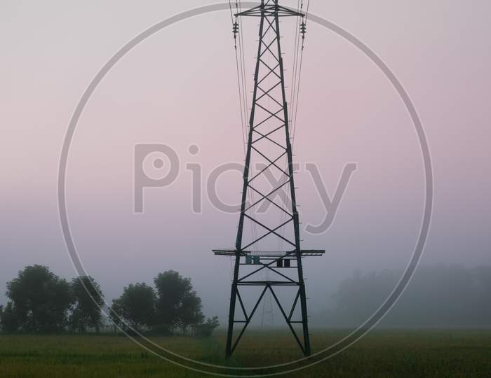Early Morning Mist In The Rural Village Electric Pylon In The Middle Of A Paddy Field, Wires Leads The Viewer Ayes To The Tall Standing Pole In The Middle In The Landscape Photograph.