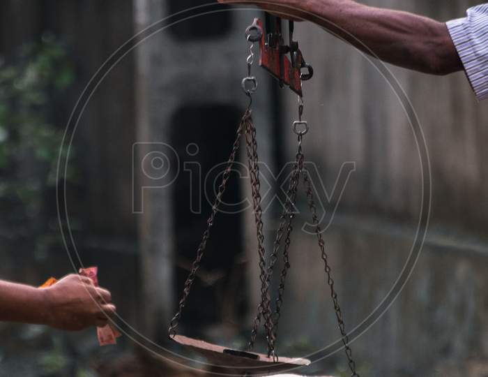 Fishermen Hand Holding A Scale, Balancing Fish And The Weight, Typical Way Of Measuring The Weight Of Fish In Major Parts Of Sri Lanka.