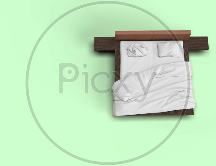 3D Render Top View Of White Bed With White Pillow Cover And White Bed Sheet And Blanket For Mockup With A Pastel Green Background