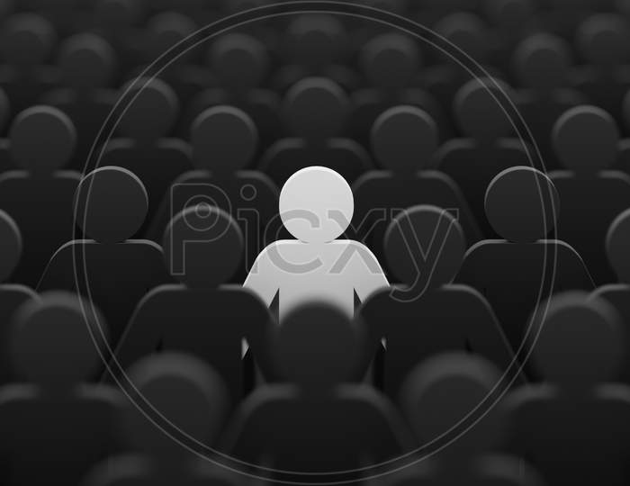 White Color Figurine Among Crowd Black People Background. Social Lifestyle And Business Competition And Strange Person Concept. Human Character Symbol Theme. 3D Illustration Rendering.