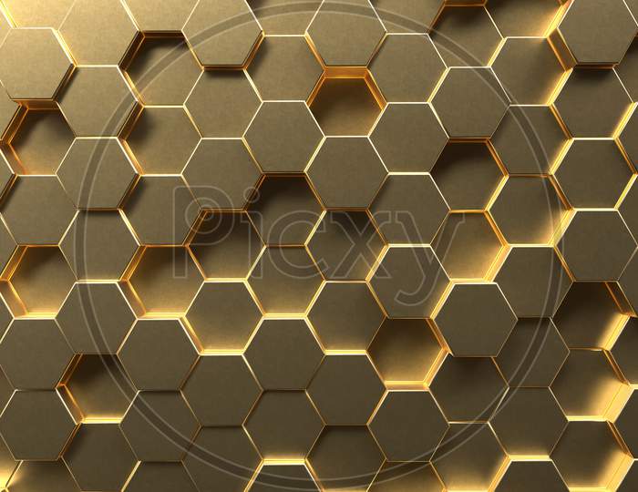 Golden Hexagon Honeycomb Movement Background. Gold Abstract Art And Geometric Concept. 3D Illustration Rendering Graphic Design