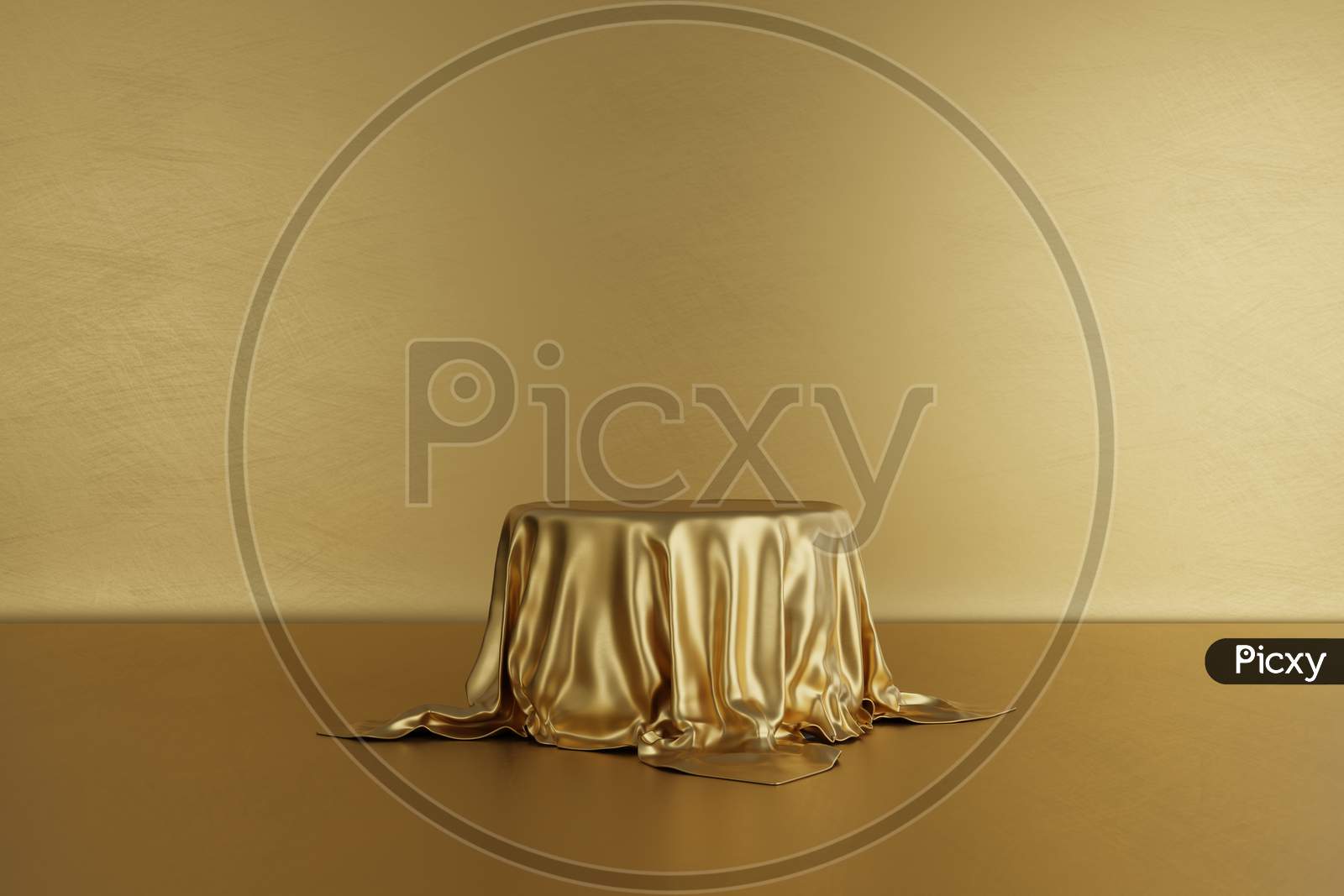 Golden Product Stage Podium With Luxury Fabric On Gold Background. Minimal Fashion. Geometry Concept. Exhibition And Business Marketing Presentation Stage. 3D Illustration Rendering Graphic Design