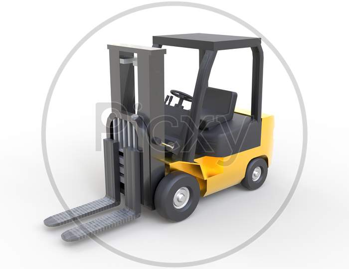Yellow Forklift With Empty Fork Parking On White Background. Transportation And Industrial Concept. Shipment And Delivery Storage. 3D Illustration Rendering