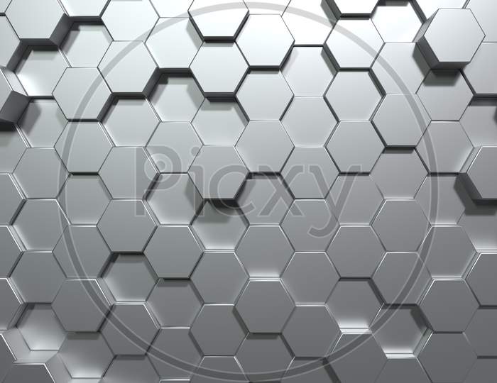Silver Hexagon Honeycomb Movement Background. Grey Abstract Art And Geometric Concept. 3D Illustration Rendering Graphic Design
