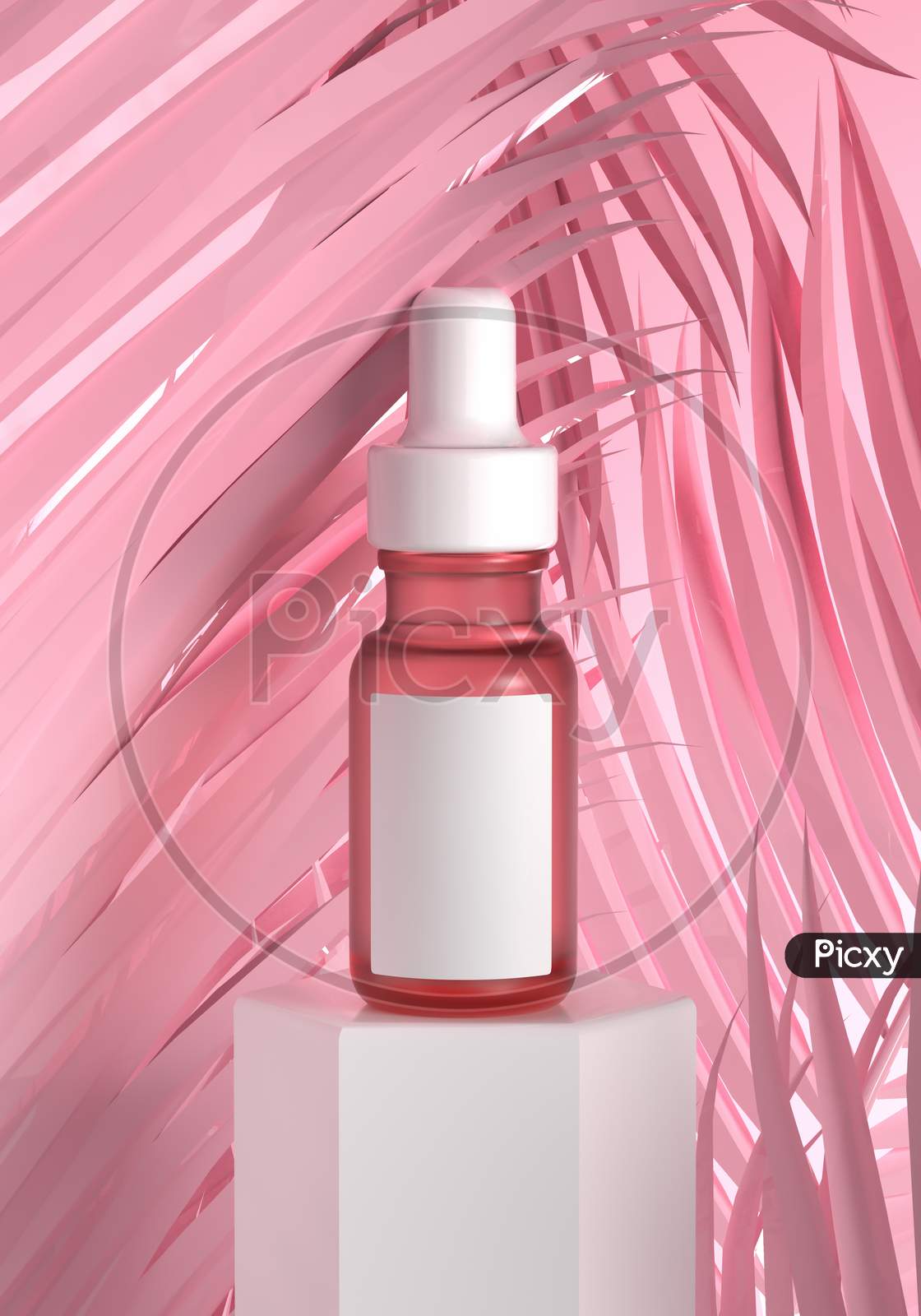 Cosmetic Serum Bottle Mockup Product With Empty Blank Label On White Stage And Pink Pastel Leaves Background. Health And Makeup Advertising Skincare Marketing Concept. 3D Illustration Rendering