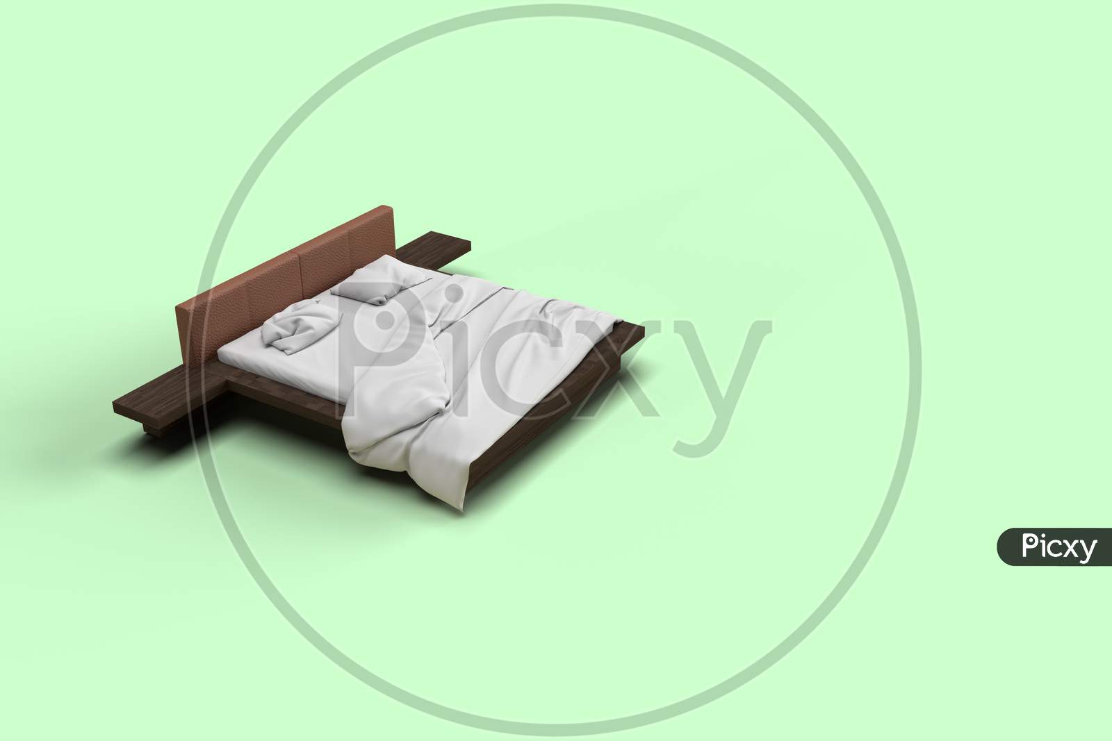 3D Render Top Side Angle View Of White Bed With White Pillow Cover And White Bed Sheet And Blanket For Mockup With A Pastel Green Background