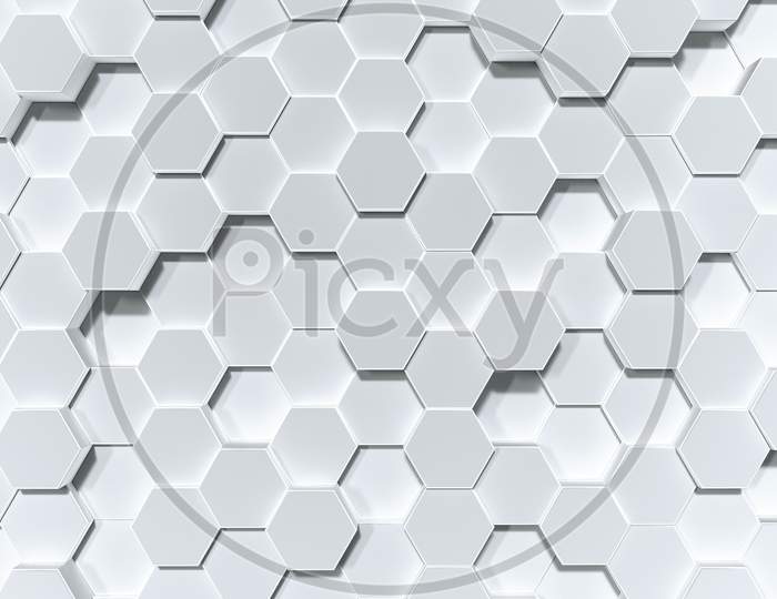 White Hexagon Honeycomb Shape Moving Up Down Randomly. Abstract Modern Design Background Concept. Top View. 3D Illustration Rendering