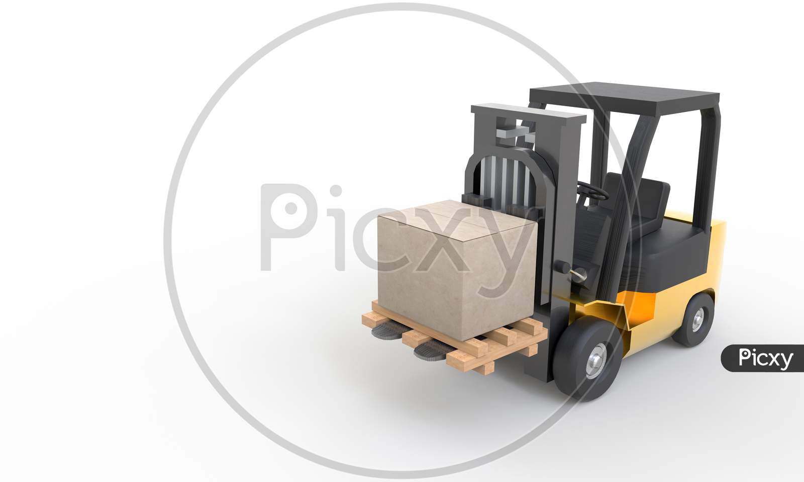 Yellow Forklift Moving And Lifting Up Cardboard Box Pallet On White Background. Transportation And Industrial Concept. Shipment And Delivery Storage. Copy Space. 3D Illustration Rendering
