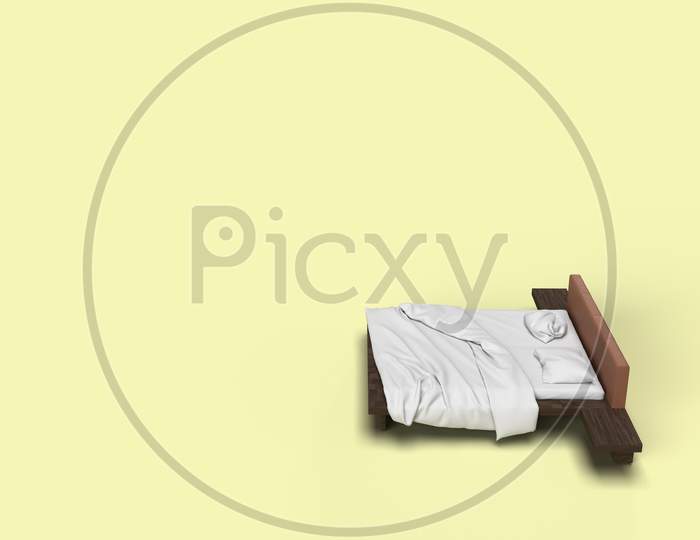 3D Render Top Side Angle View Of White Bed With White Pillow Cover And White Bed Sheet And Blanket For Mockup With A Pastel Yellow Background