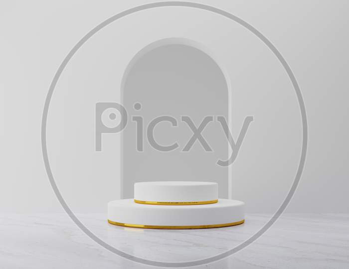 White Product Podium Stage Mockup With Gold Ring Background. Abstract Minimal Geometry Concept. Exhibition And Business Marketing Presentation. 3D Illustration Rendering Graphic Design