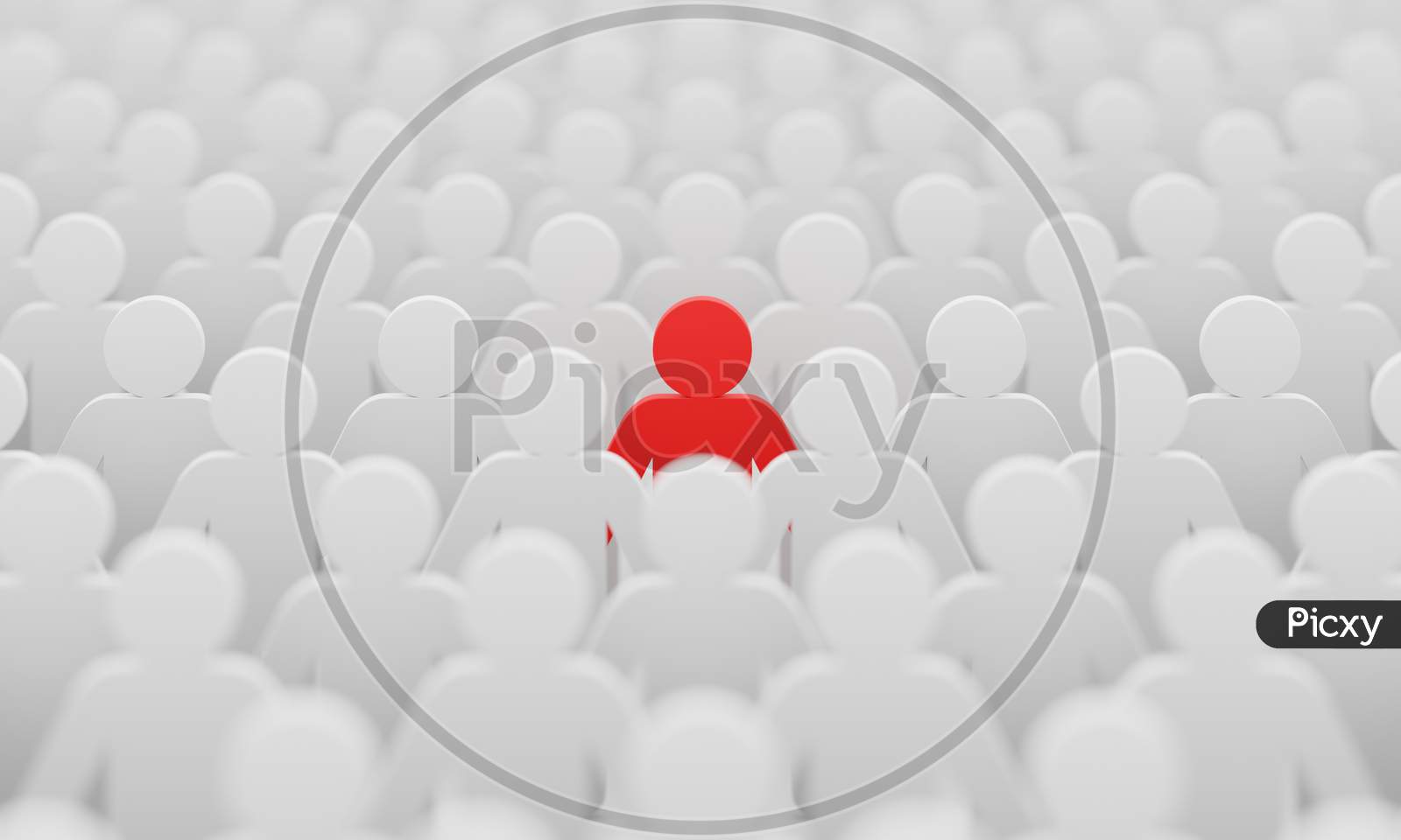 Red Man Color Figurine Among Crowd White Men People Background. Social Lifestyle And Business Competition And Strange Person Concept. Human Character Symbol Theme. 3D Illustration Rendering.