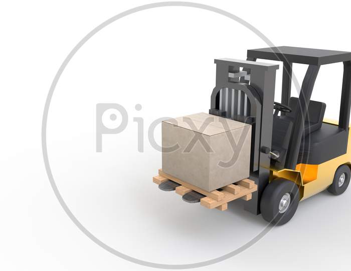 Yellow Forklift Moving And Lifting Up Cardboard Box Pallet On White Background. Transportation And Industrial Concept. Shipment And Delivery Storage. Copy Space. 3D Illustration Rendering