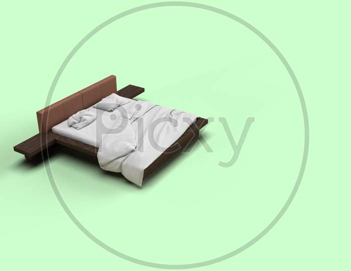 3D Render Top Side Angle View Of White Bed With White Pillow Cover And White Bed Sheet And Blanket For Mockup With A Pastel Green Background