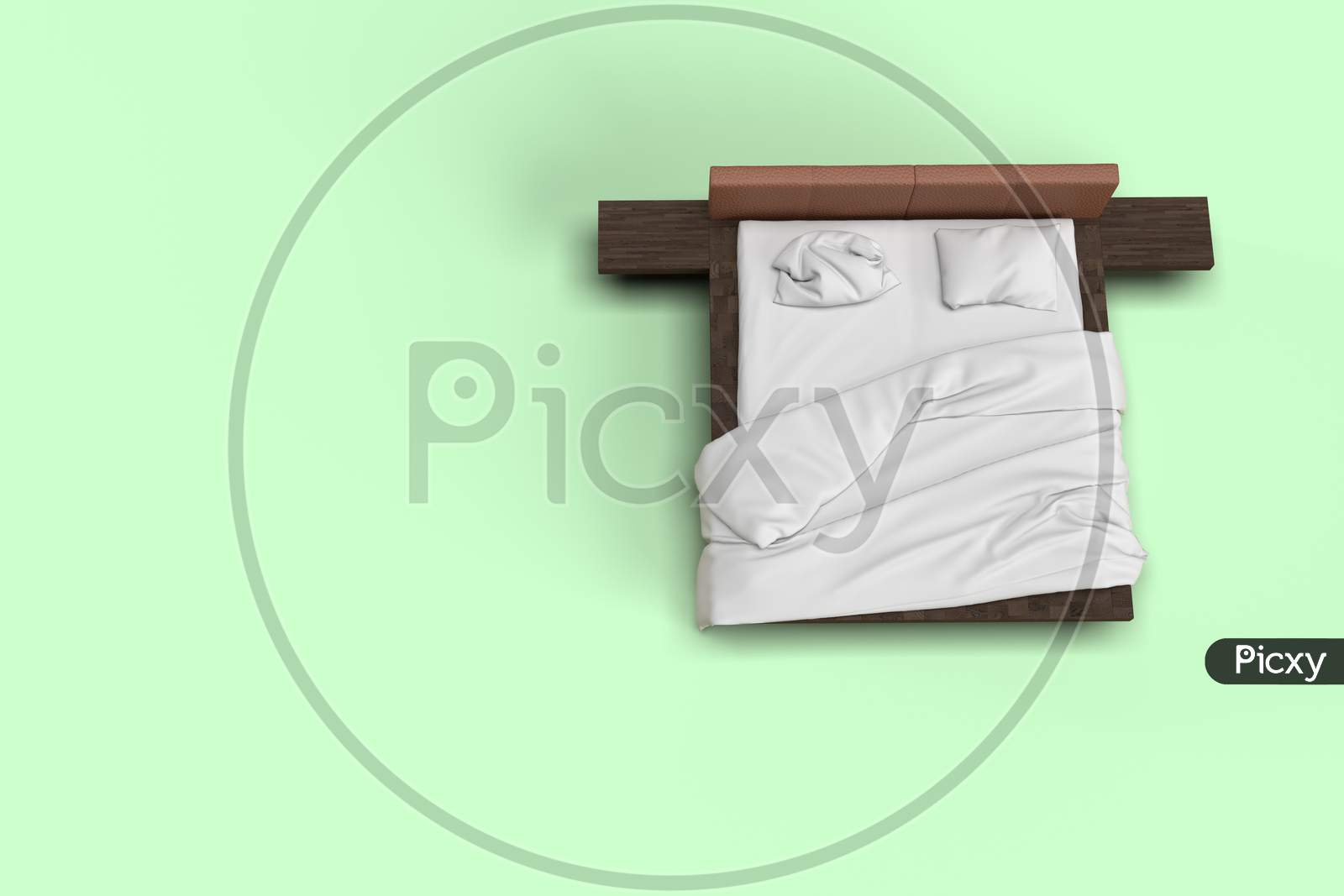 3D Render Top View Of White Bed With White Pillow Cover And White Bed Sheet And Blanket For Mockup With A Pastel Green Background