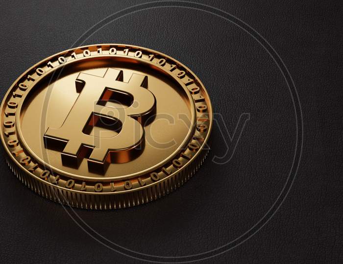 Closeup Golden Metallic Bitcoin Cryptocurrency On Black Leather Background. Business Economy And Digital Investment Concept. Close Up Coin On Floor. 3D Illustration Rendering