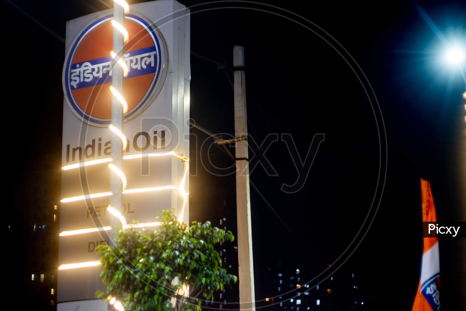 Night Shot Of Indian Oil Petrol Pump Decorated With Lights At Night As Prices Of Petrol Increase To The Highest Ever Prices In India