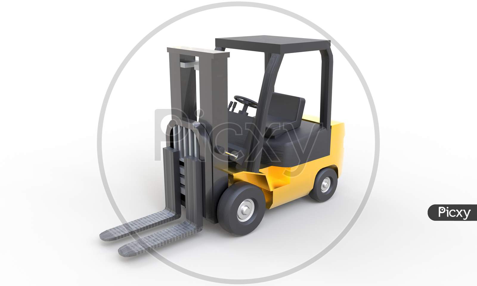 Yellow Forklift With Empty Fork Parking On White Background. Transportation And Industrial Concept. Shipment And Delivery Storage. 3D Illustration Rendering