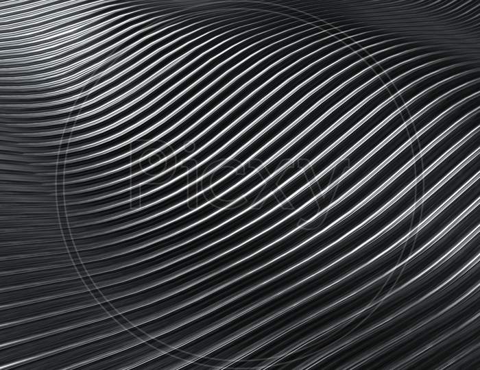 3D Rendering Closeup Abstract Black Silver And White Stripe Slicing Wavy Background. Minimalism Illustration Concept. Graphic Design Wallpaper And Backdrop
