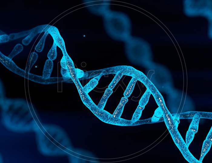 Blue Chromosome Dna And Gradually Glowing Flicker Light Matter Chemical When Camera Moving Closeup. Medical And Heredity Genetic Health Concept. Technology Science. 3D Illustration Rendering