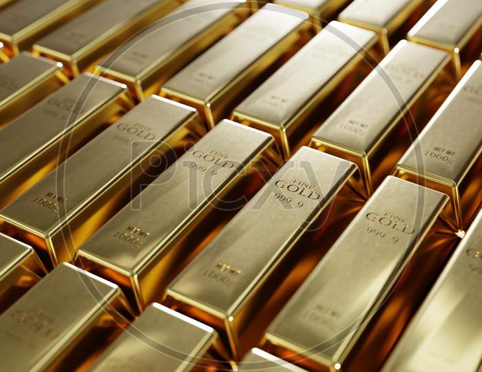 Shiny Pure Gold Bars In A Row Background. Wealth And Economic Concept. Business Gold Future Investment And Money Saving Theme. 3D Illustration Rendering