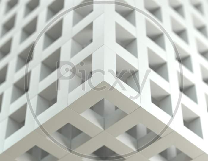 White Mesh Box With Depth Of Field Background. Abstract And Creativity Backdrop Concept. Focus On Corner. 3D Illustration Rendering Graphic Design