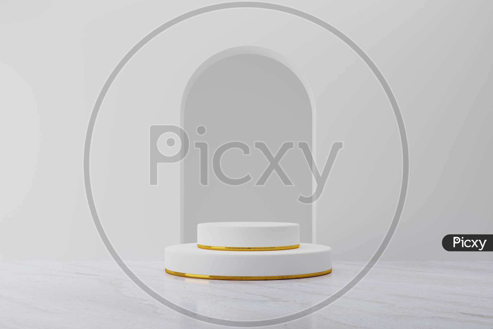 White Product Podium Stage Mockup With Gold Ring Background. Abstract Minimal Geometry Concept. Exhibition And Business Marketing Presentation. 3D Illustration Rendering Graphic Design