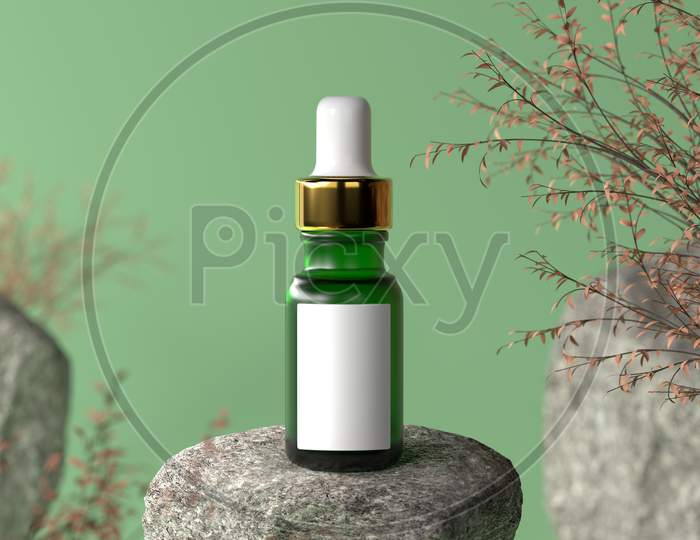 Green Serum Bottle With Gold Cap And White Blank Label For Advertising Text And Logo On Natural Rock And Dry Plant In Spring Or Autumn Background. Product Cosmetic Concept. 3D Illustration Rendering