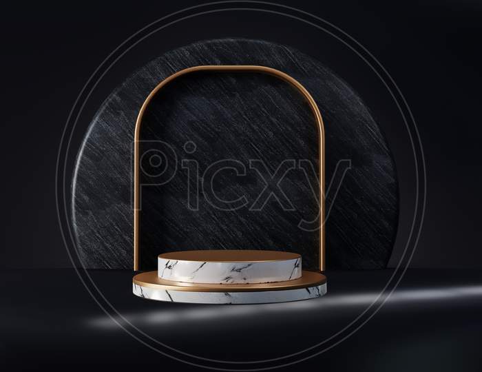 White Marble And Golden Product Stage Podium On Dark Blue Background With Shine Light Window. Minimal Fashion. Geometry Concept. Exhibition Business Marketing Presentation. 3D Illustration Rendering