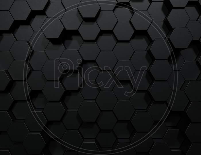 Black Hexagon Honeycomb Shapes Matte Surface Moving Up Down Randomly. Abstract Modern Design Background Concept. 3D Illustration Rendering Graphic Design
