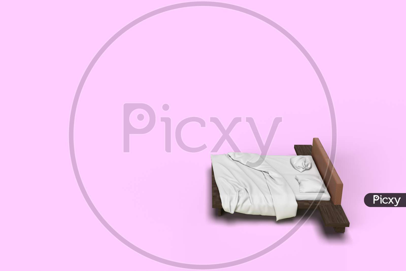 3D Render Top Side Angle View Of White Bed With White Pillow Cover And White Bed Sheet And Blanket For Mockup With A Pastel Pink Background